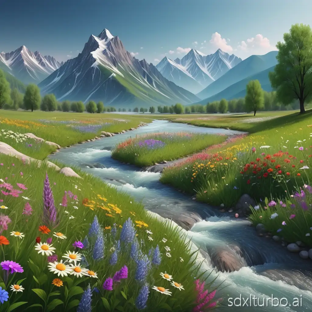 a beautiful landscape with mountains, a meadow with flowers, in the middle of which a river flows