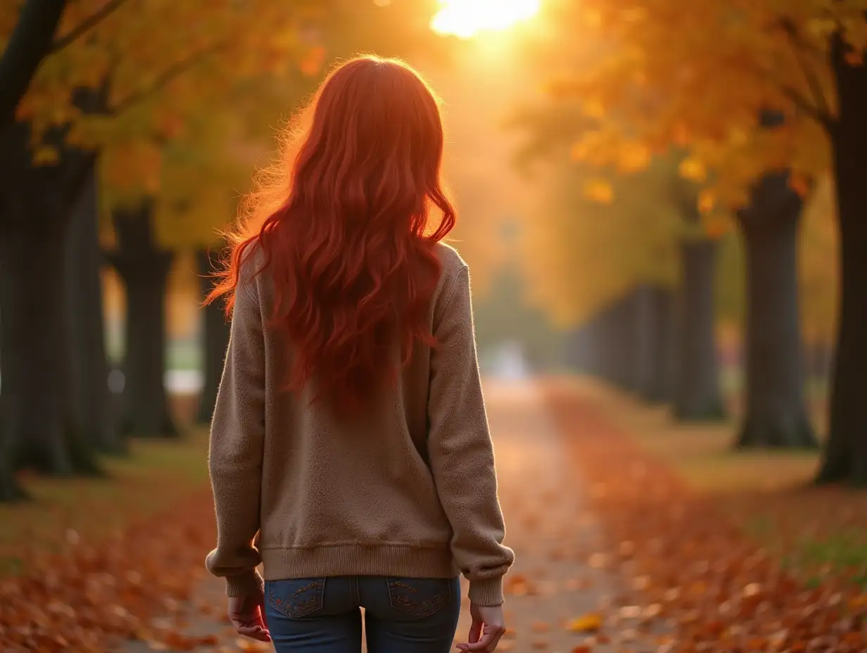 red hair beautiful woman walking, autumn is around