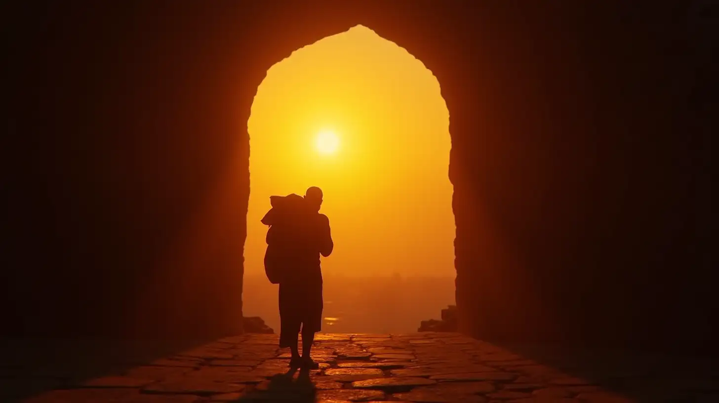 Ancient City Gate Silhouette of a Man Carrying Sack in Biblical Era