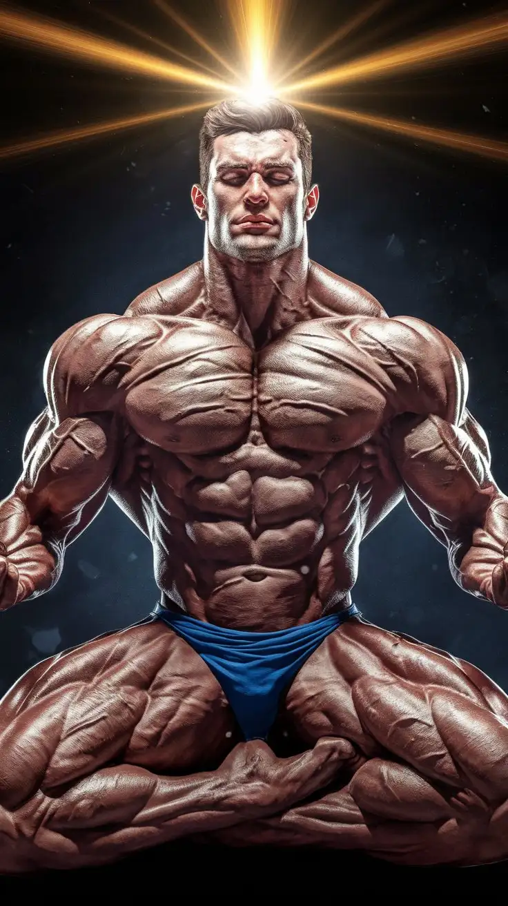 Powerfully muscled, hugely ripped, pumped, bodybuilder musclegod reverently receives chakra powers, becomes a mighty superhero. 24 years old. Photorealistic.