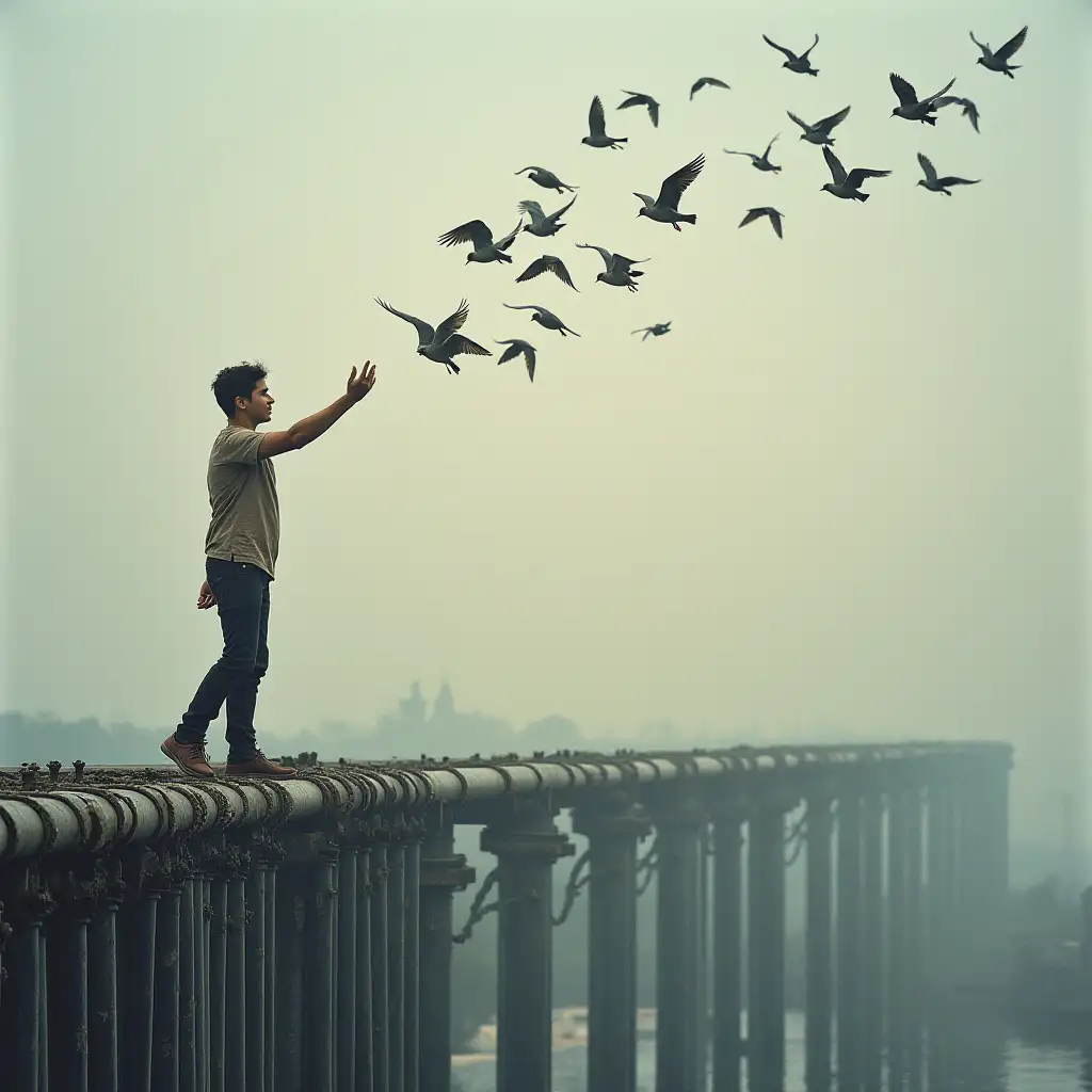 a young man joining birds flying over a picture full of pipes filled with water