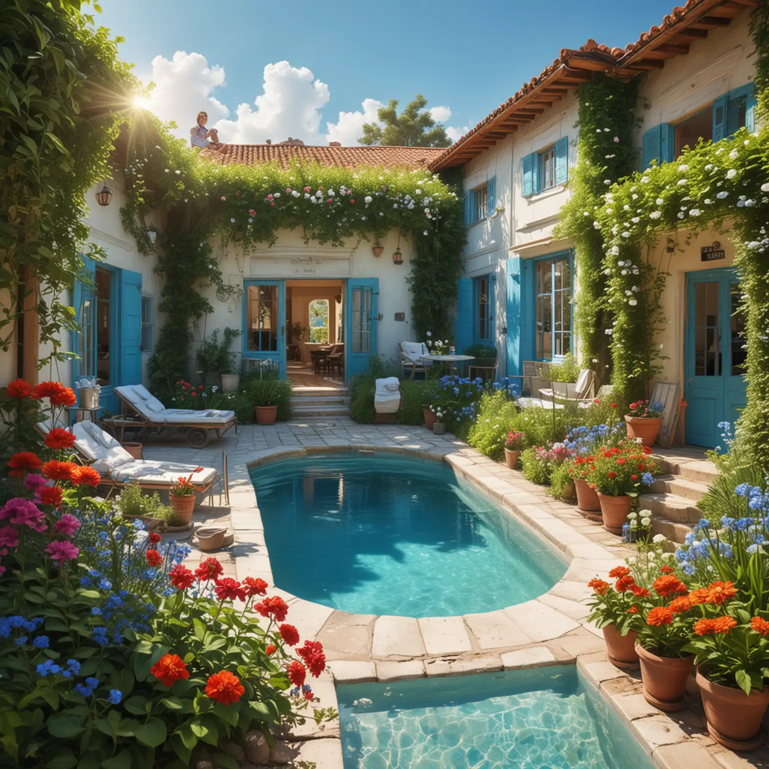 Hotel-Owner-and-Maidservants-in-Cozy-Hotel-Courtyard-with-Swimming-Pool-and-Lush-Greenery