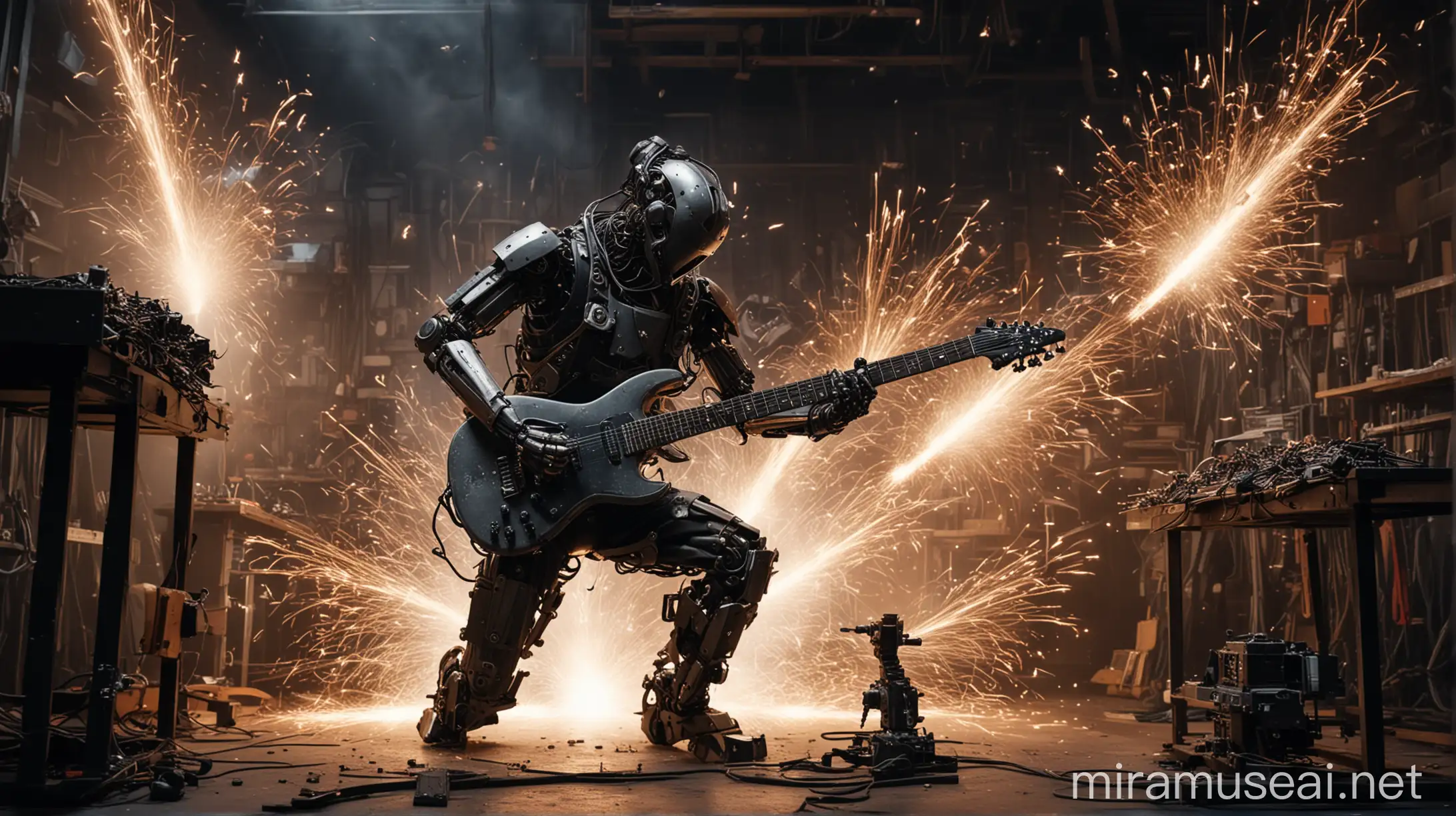 Techno Metal Guitarist Playing Guitar with Robotic Arms in a Dark Workshop