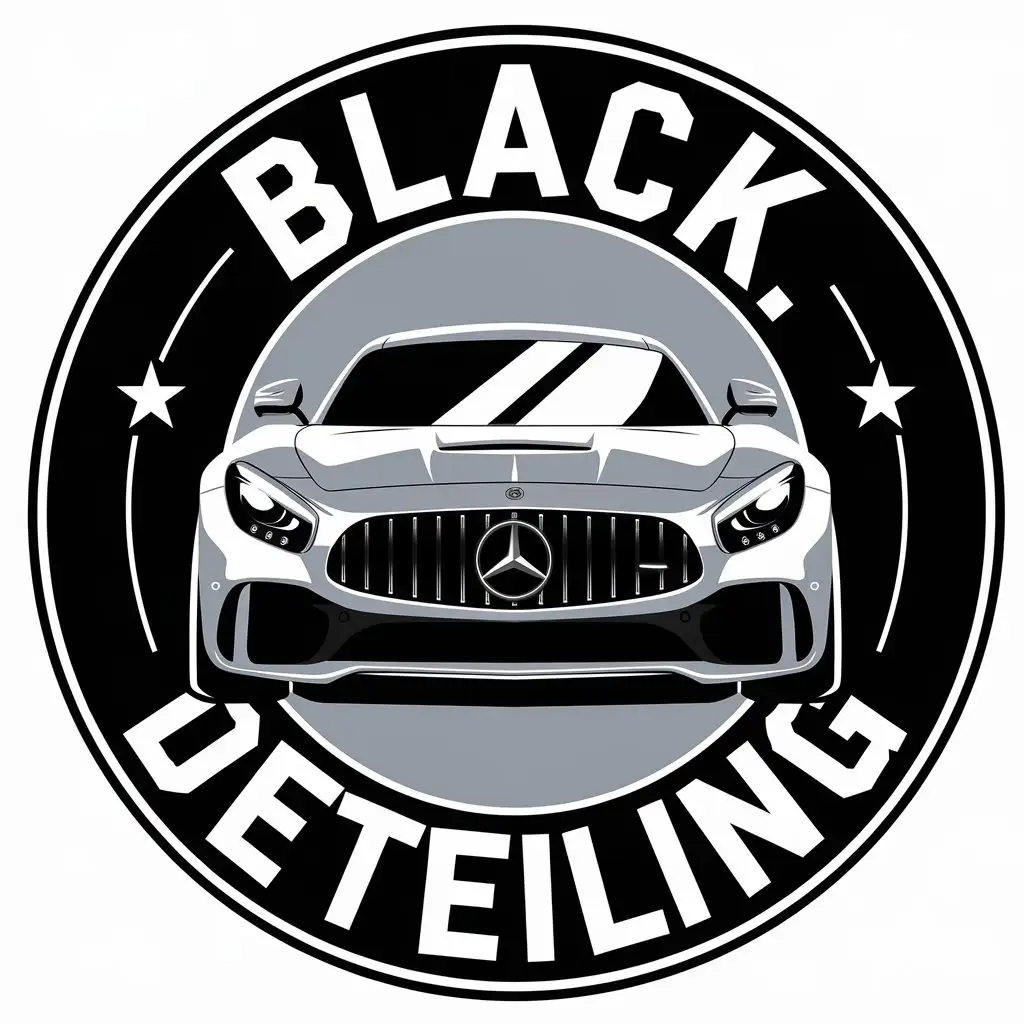 a vector logo design,with the text "BLACK.DETEILING", main symbol:Sport car Mercedes with view on the front,Moderate,be used in Automotive industry,clear background