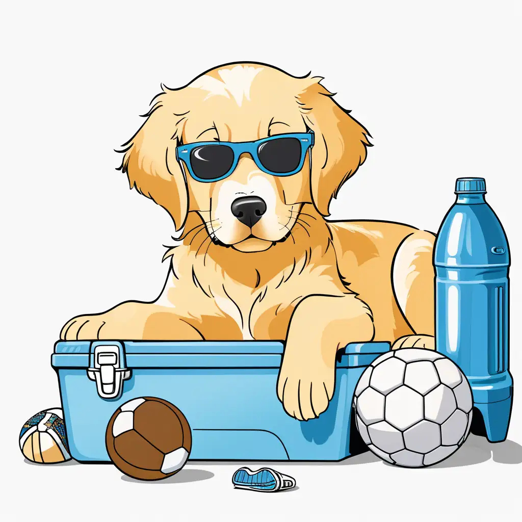 Golden Retriever Puppy Relaxing with Sunglasses and Football