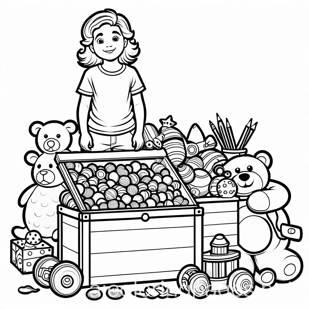 a child standing next to a toy box full of toys, Coloring Page, black and white, line art, white background, Simplicity, Ample White Space. The background of the coloring page is plain white to make it easy for young children to color within the lines. The outlines of all the subjects are easy to distinguish, making it simple for kids to color without too much difficulty