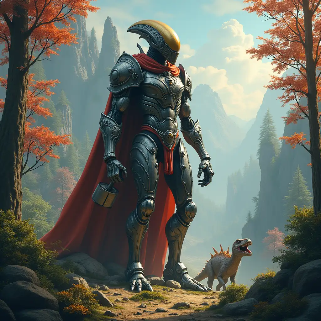 Hyperrealistic portrait of a gpanzerter metal alien king 10 meters tall with a hammer in his hand on an island with dinosaurs, surrounded by elaborately detailed, colorful forested planet background