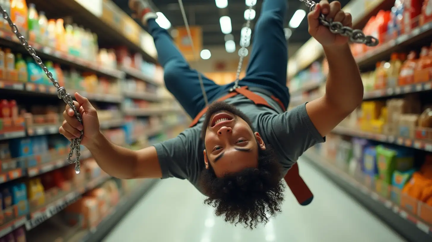 Latin Man Rappelling Upside Down in a Supermarket