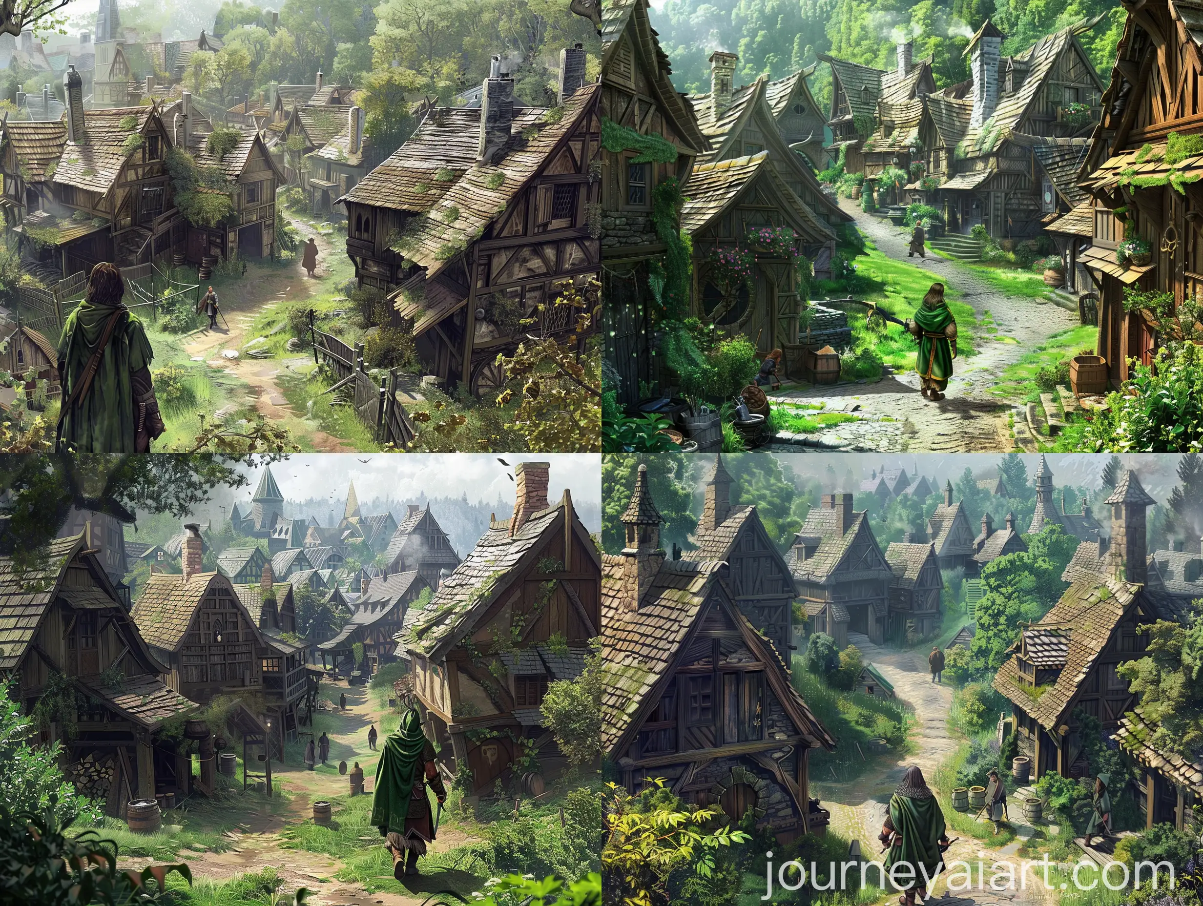 Medieval-Fantasy-Town-with-Adventurer-in-Green-Robe