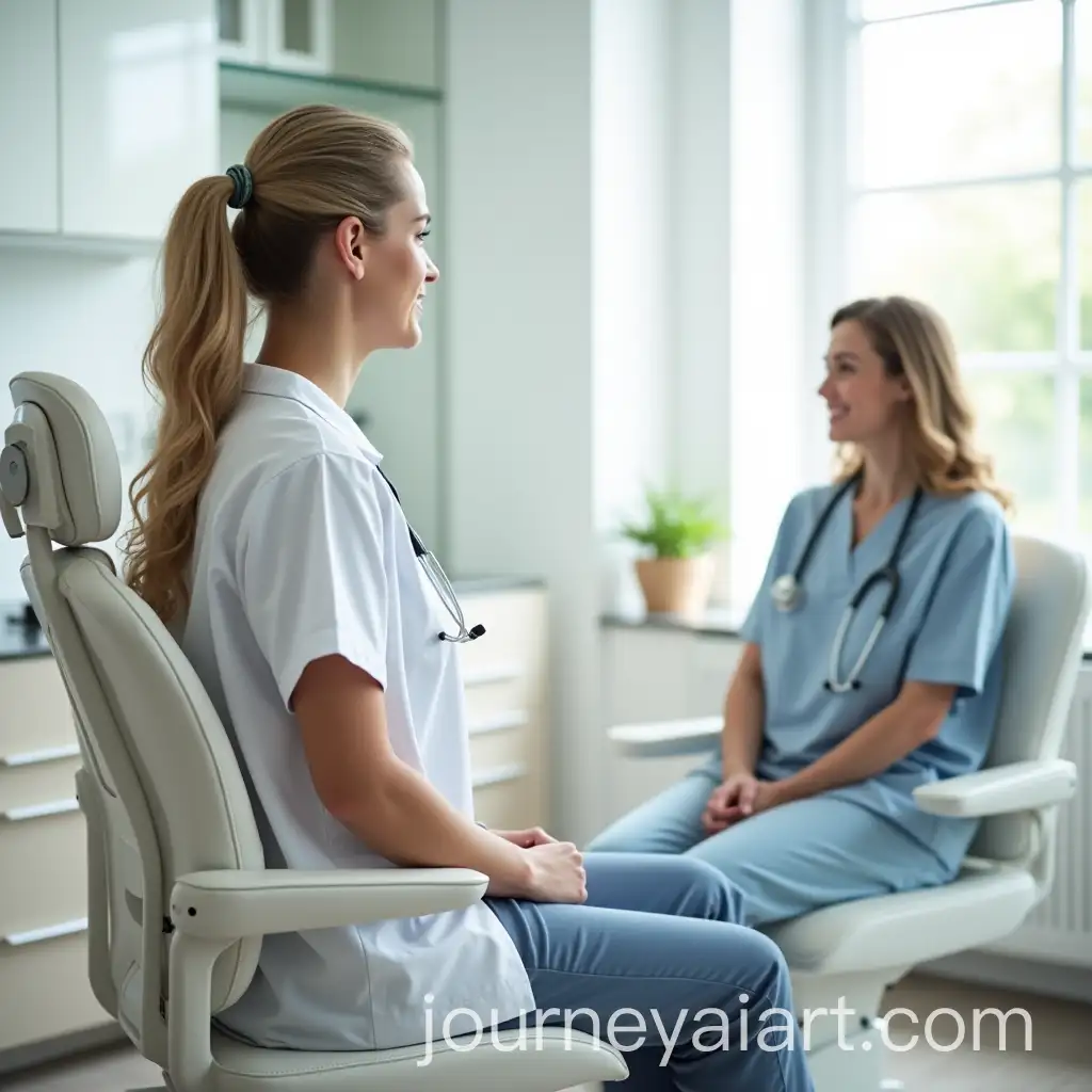 Gynecologist-Chair-in-Bright-Office-with-Patient-and-Doctor-in-White-Scrubs