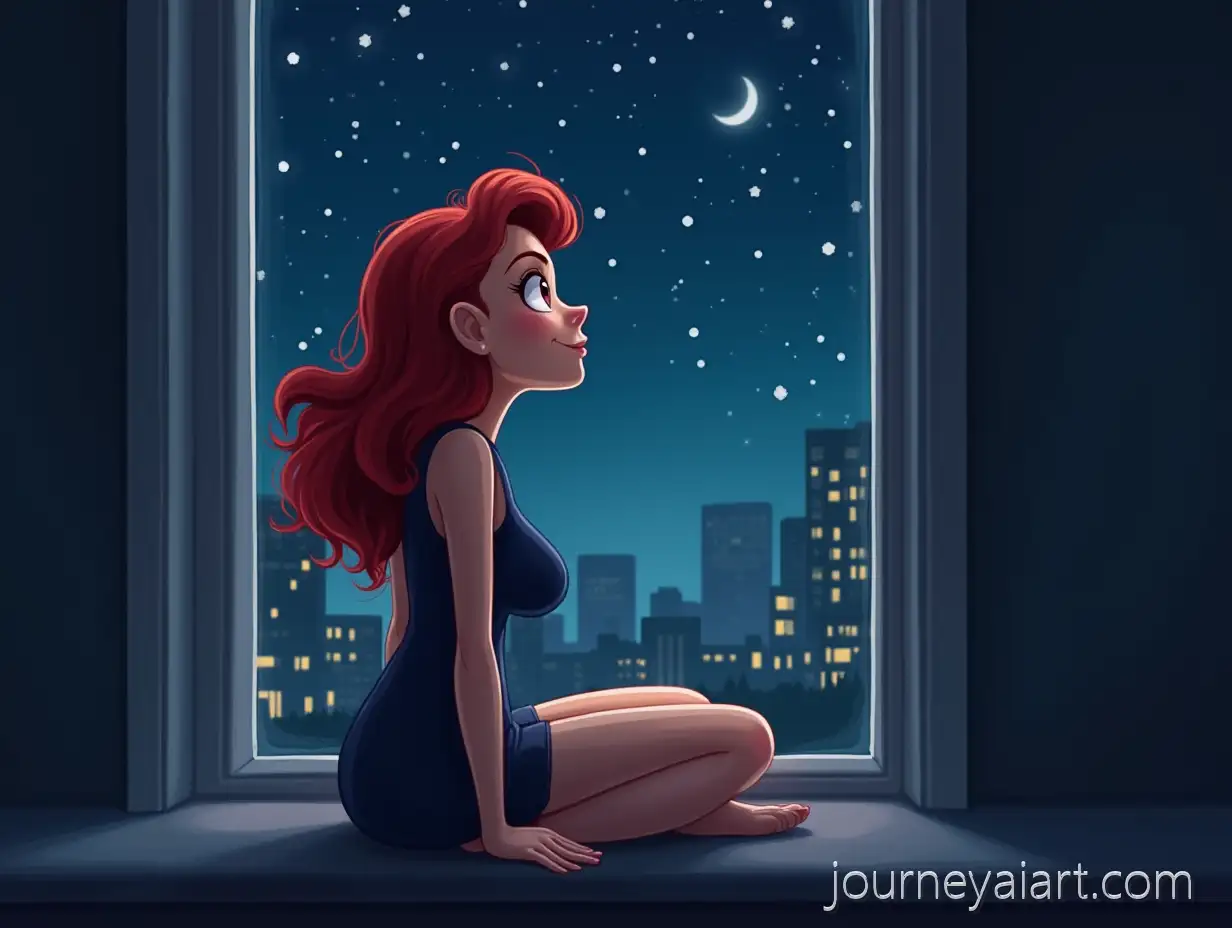 Curvy-RedHaired-Woman-Sitting-on-Window-Seat-Gazing-at-Starry-Night-Sky