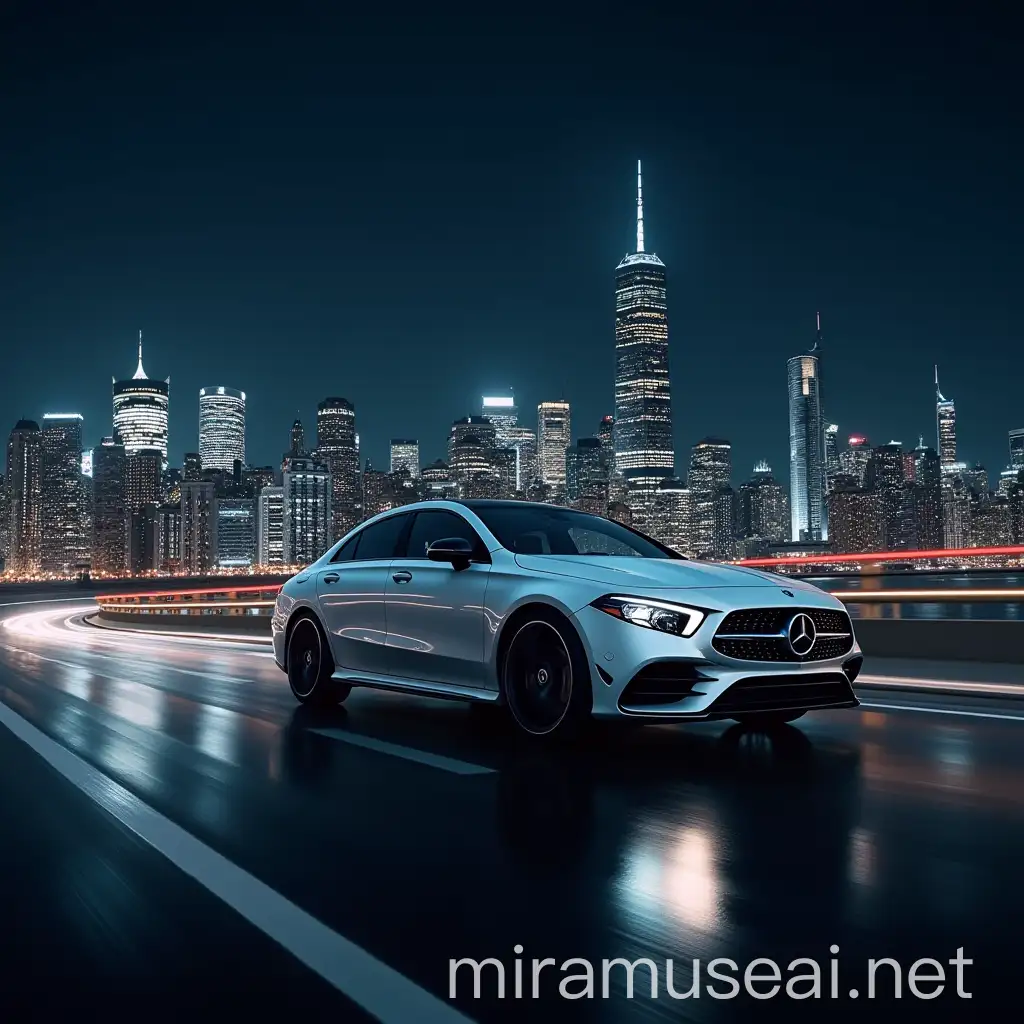 Luxurious Silver Mercedes CLA 200 d AMG Line Driving Through Night Cityscape