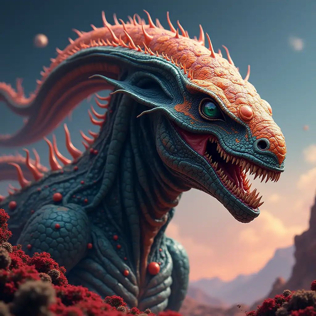 Hyperrealistic portrait of a gpanzerter alien king with sharp teeth in the intricately detailed, colorful planet background