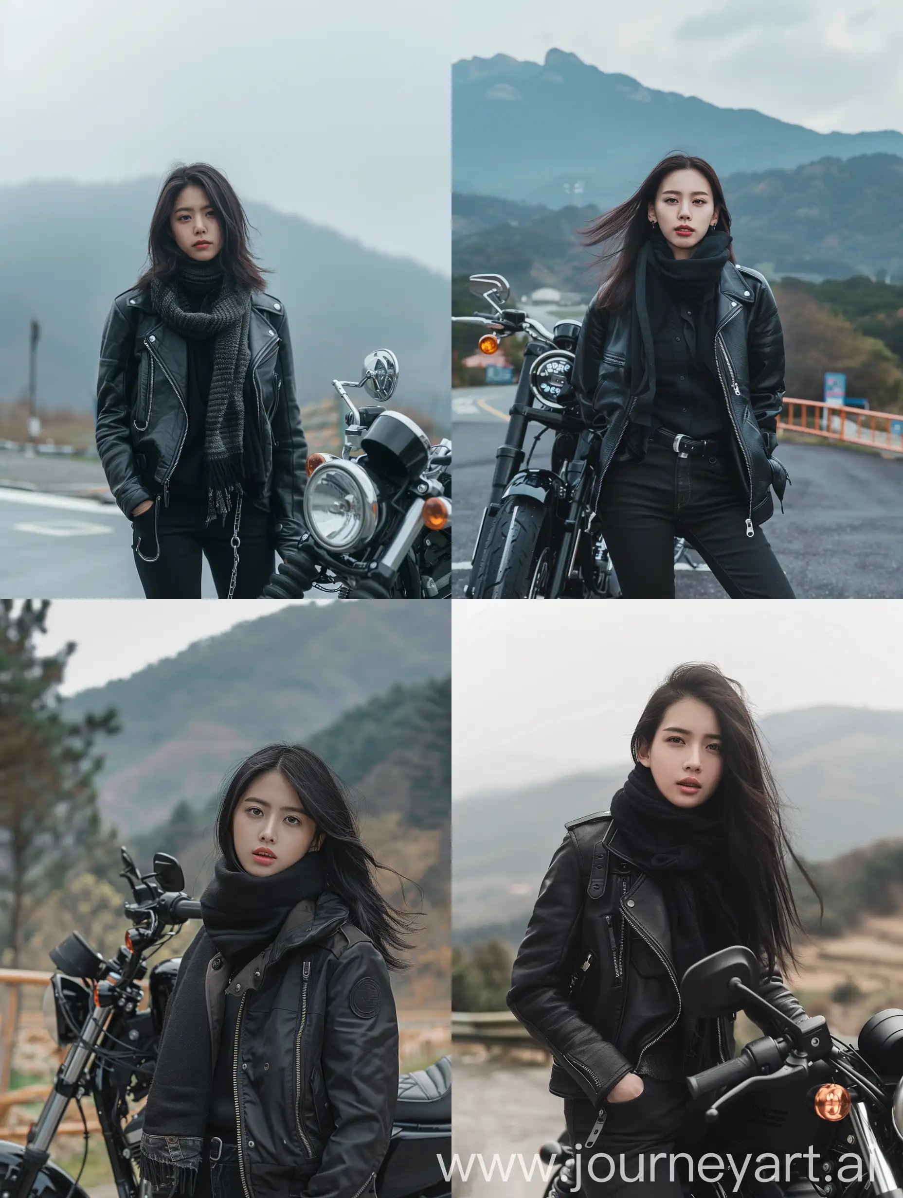 Beautiful-Korean-Woman-in-Black-Outfit-near-Harley-Motorcycle-with-Mount-Semeru-View