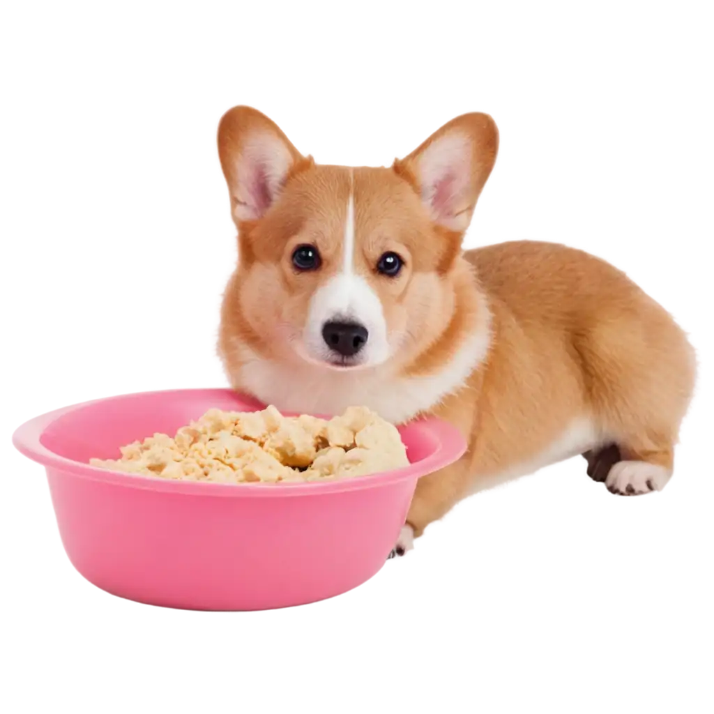 make a corgie eating on a bed with a pink food bowl, corgie is curled to the left  and to the back side and we can not see what the food looks like, corgie has a white spot between the ears, coloration is more on the tan side