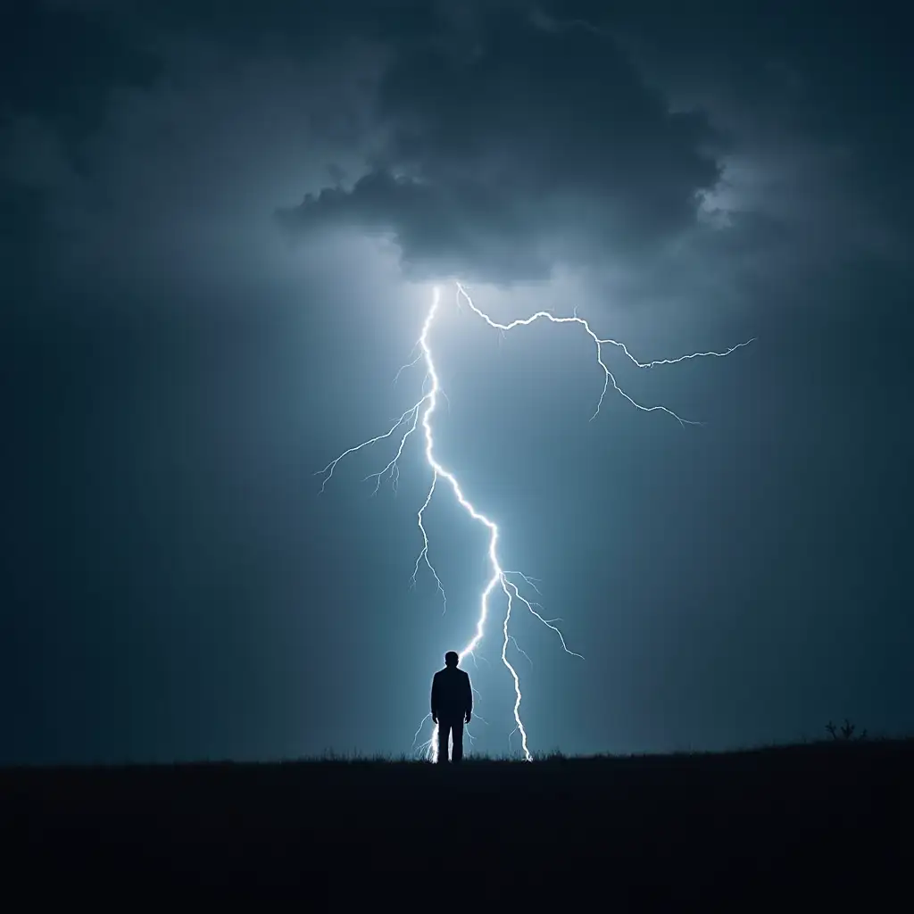 Lightning striking in stormy skies with silhouette of man from Jesus time looking into distance