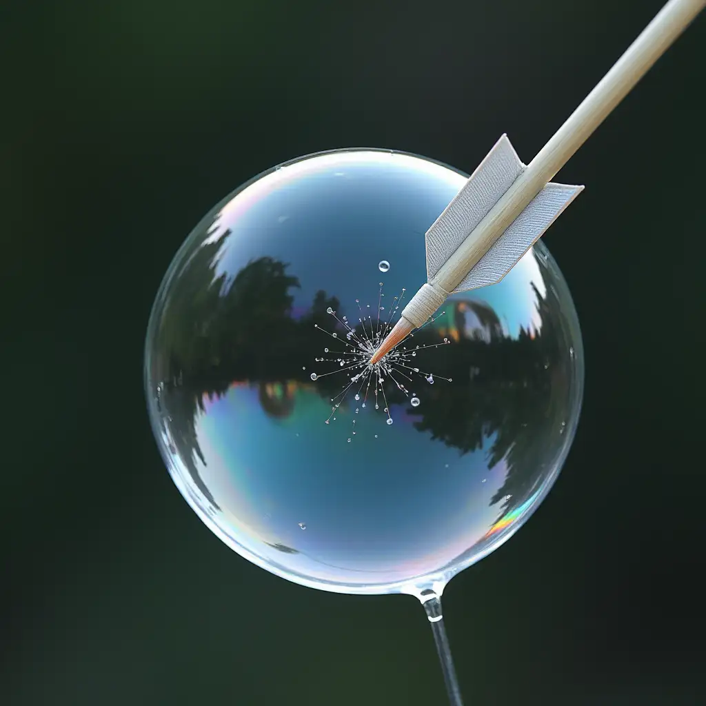 An arrow tip stiches into a soap bubble and breaks the tip