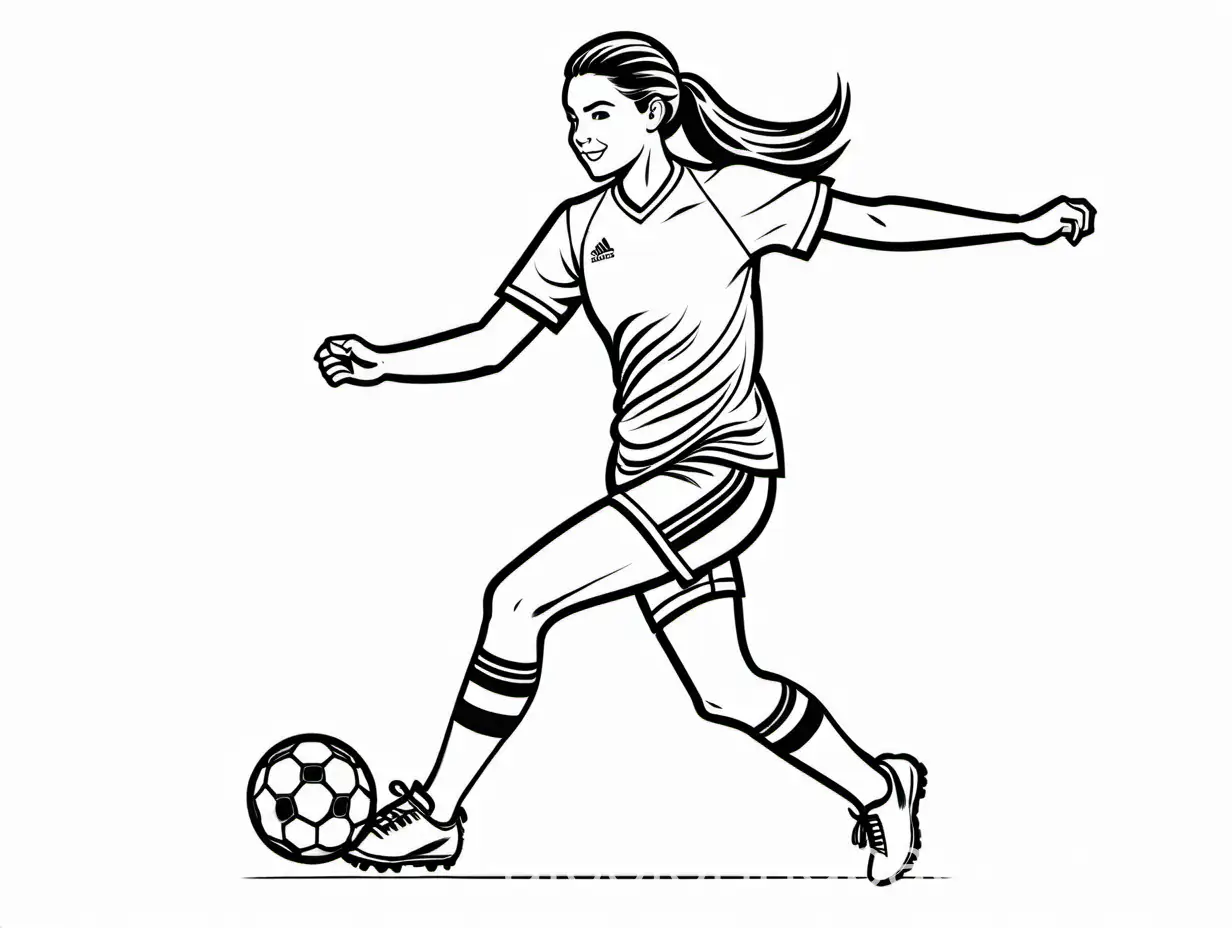 a black and white coloring page with medium lines and minimal detail. Create an image of a teenage girl with a ponytail kicking a soccer ball., Coloring Page, black and white, line art, white background, Simplicity, Ample White Space. The background of the coloring page is plain white to make it easy for young children to color within the lines. The outlines of all the subjects are easy to distinguish, making it simple for kids to color without too much difficulty