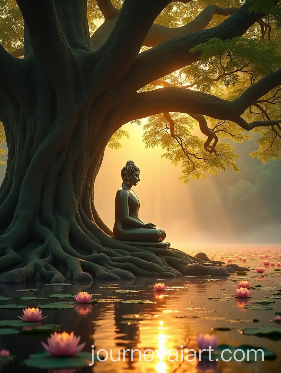 Buddha-in-Meditation-Beneath-Bodhi-Tree-with-Floating-Lotus-Flowers