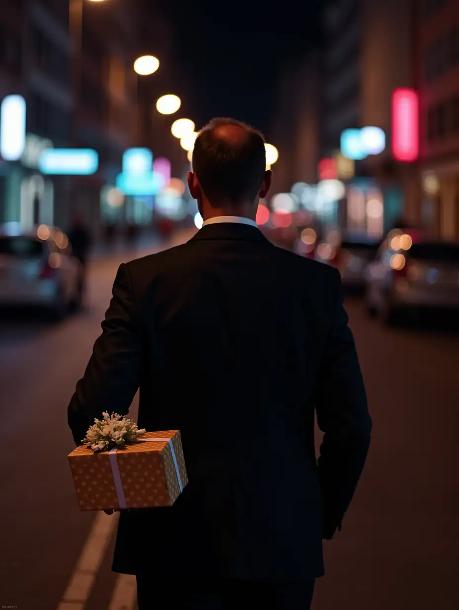 Man-in-Suit-Holding-Gift-Box-on-Night-Street-with-Neon-Lights