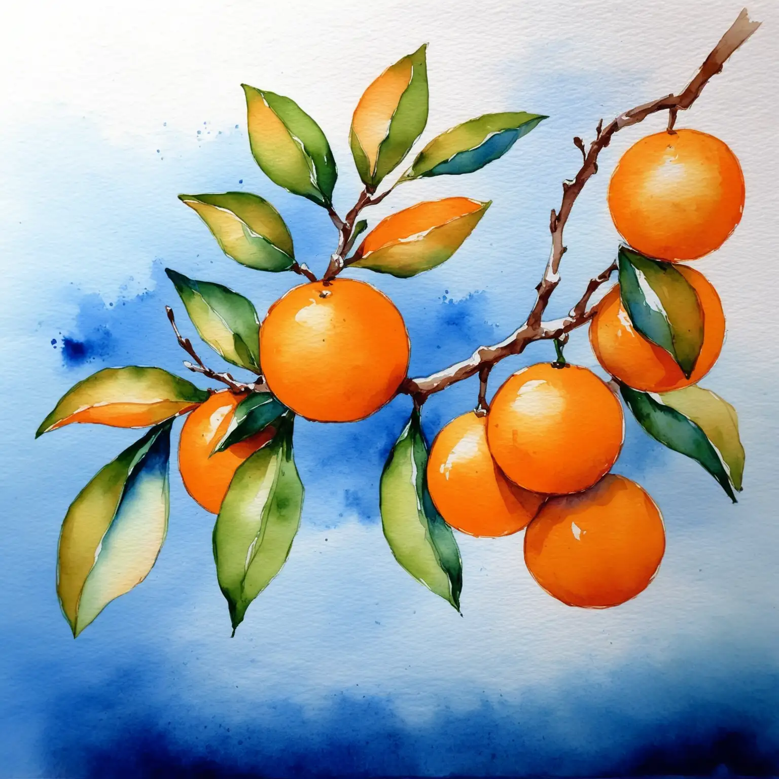 Orange-Oranges-on-Small-Branch-with-Blue-Background-Watercolor-Art