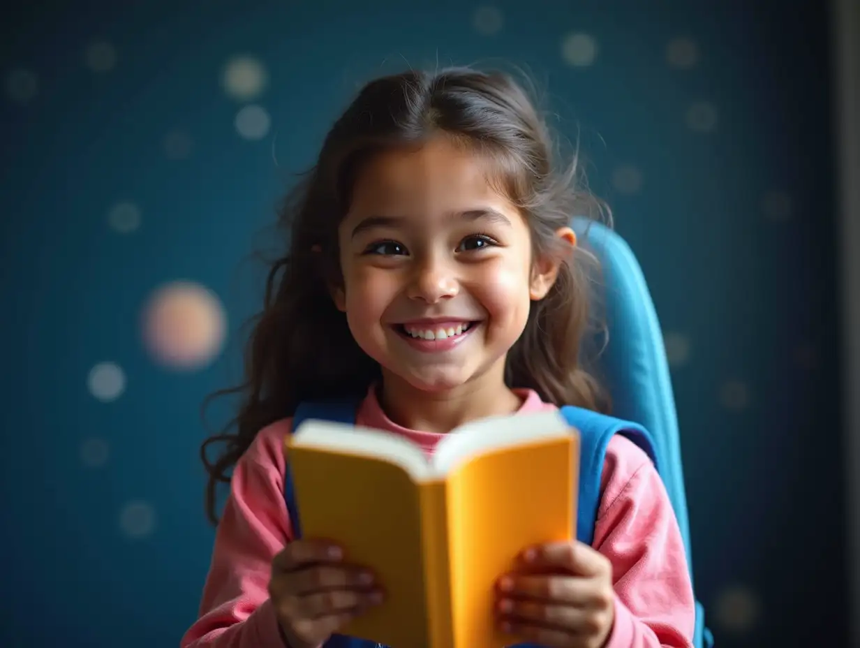 Young-Girl-in-Space-Holding-Colorful-Book-with-Big-Smile