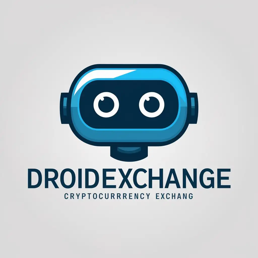 a vector logo design,with the text "DroidExchange", main symbol:Blue, horizontally oval head of the robot with big eyes. Inscription before the robot's head. The letter o in the name instead of one robot's eye, and instead of the second letter i,complex,be used in Cryptocurrency exchange industry,clear background