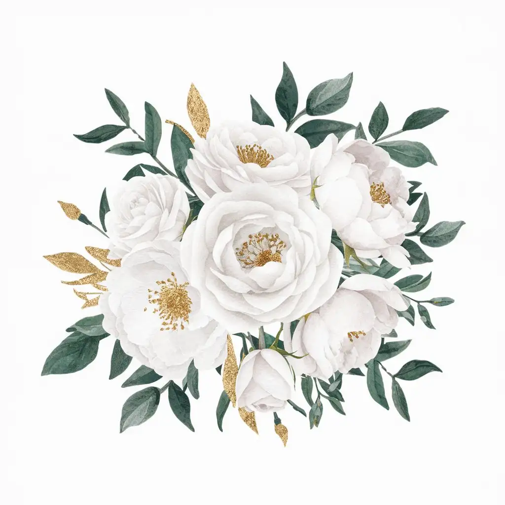 Watercolor Flower Illustrations Bouquet of White Flowers Roses Peonies Green and Gold Leaves