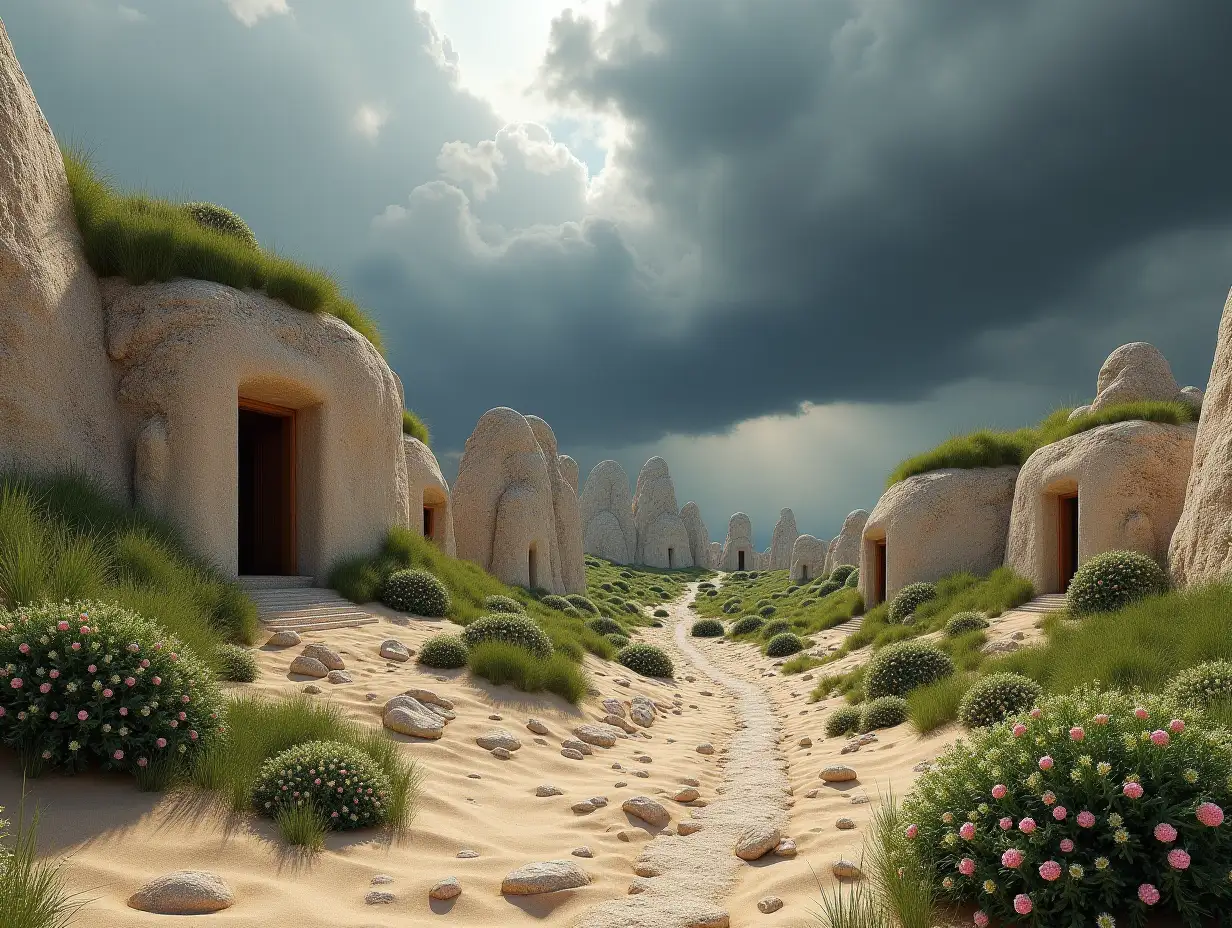 Create a hyperrealistic landscape with extremely realistic limestone rock formations covered with areas of green grass, high resolution and high-quality details, featuring doors and windows in every house like ultra-realistic houses in the style of Cappadocia, sandy and sandy ground with scattered bushes full of extremely realistic flowers. A large, wide and deep crack on the floor releases a large mass of boiling lava. In the distance, a big storm approaches consisting of dark, dense and hyperrealistic clouds and high-resolution details.