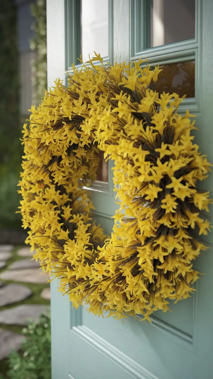 Closeup-of-Vibrant-Forsythia-Wreath-on-Light-Blue-Door-with-Morning-Sunlight