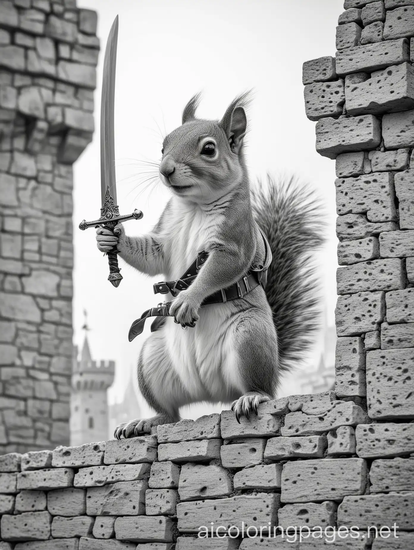 Fantasy-Squirrel-Knight-on-Castle-Wall-Coloring-Page