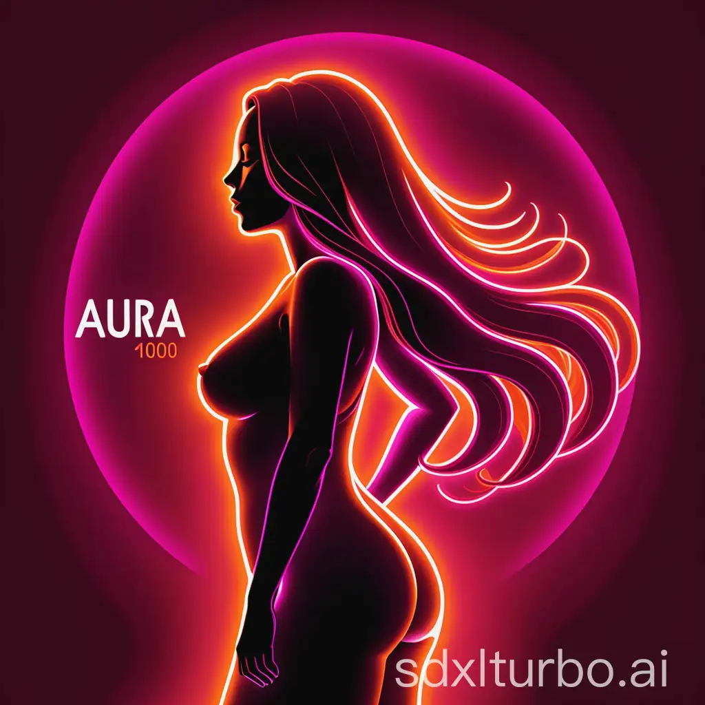 A vibrant silhouette of a confident, curvaceous woman with long flowing hair in a minimalistic, modern art style. The silhouette is colored in bright pink tones with smooth gradients, set against a deep red or maroon background. Below the silhouette, glowing text reads 'AURA +10000' in bold, elegant, orange-gold letters with a soft neon effect. The overall composition exudes a bold, empowering, and striking aesthetic