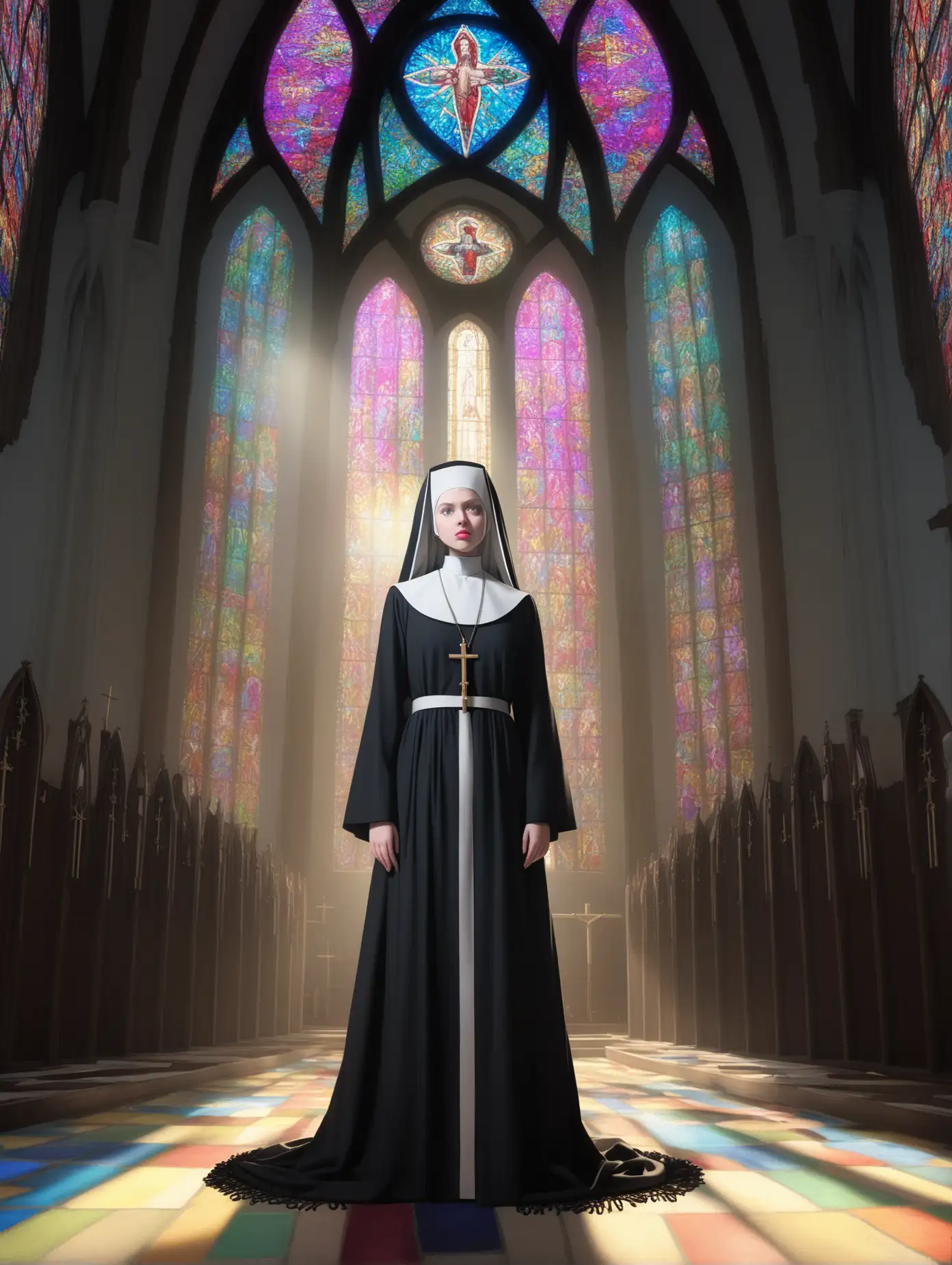 A very beautiful young clergywoman. Blonde with short hair. Fringes fall slightly over her blue eyes. She has plump pink lips. a serious expression on her face.  The cassock covers her hair, body, and legs. The cassock is floor length. The cassock is embroidered with various laces and ruffles, lots of detail, light colors. She is standing in a church with tall bright stained glass windows. The ceiling is high, the colored stained glass images on the windows are clearly visible. Strips of light break through the windows and fall on the figure of the nun. Three-quarter angle, straight and level, the nun is full-length with her body turned towards the camera. A detailed, high quality image. 4K. 2K. Full HD.