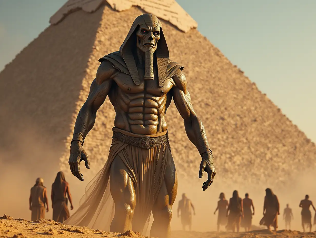 Man Titan with 10 meter high Mummy head with muscles, who is destroying the Egyptian pyramid with humans