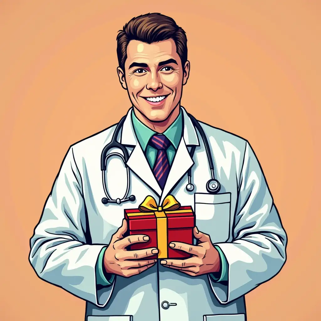 a endocrinologist holds a gift in pop art style