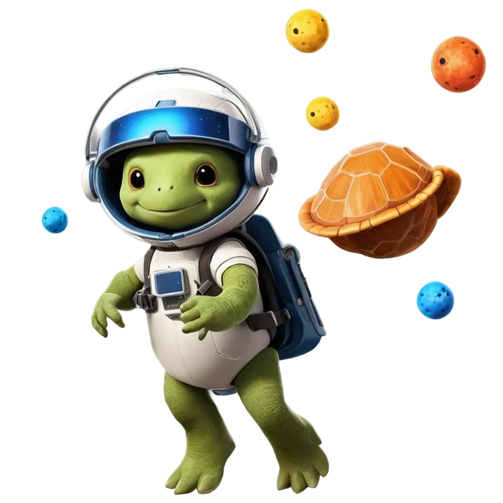 Astronaut Turtle Adventure: A turtle wearing a cute astronaut helmet, floating in space with a rocket backpack, surrounded by floating asteroids, stars, and distant planets. The turtle’s shell could be designed like a space station.