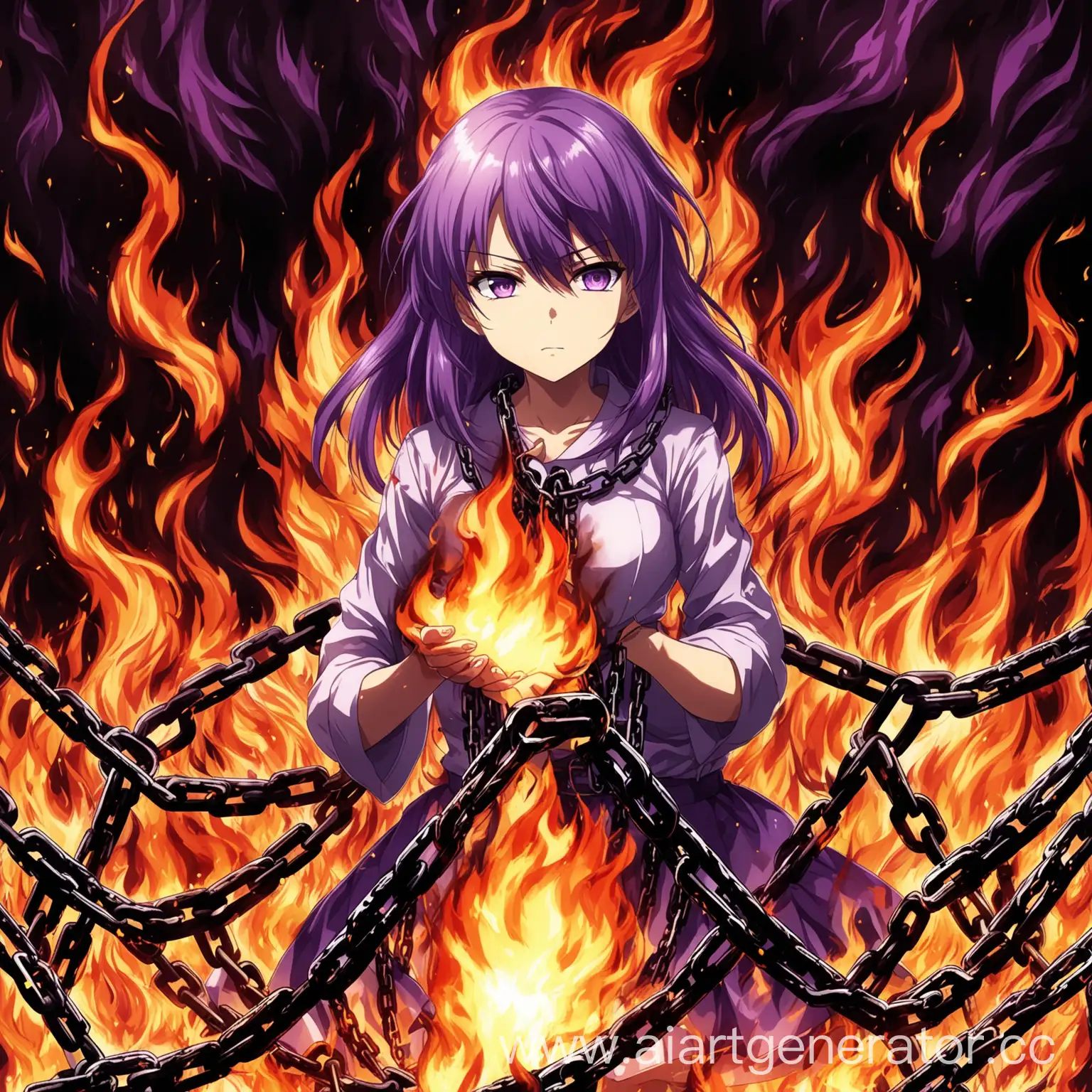 Anime-Girl-Enveloped-in-Purple-Flames-with-Chains-in-a-Fiery-Background