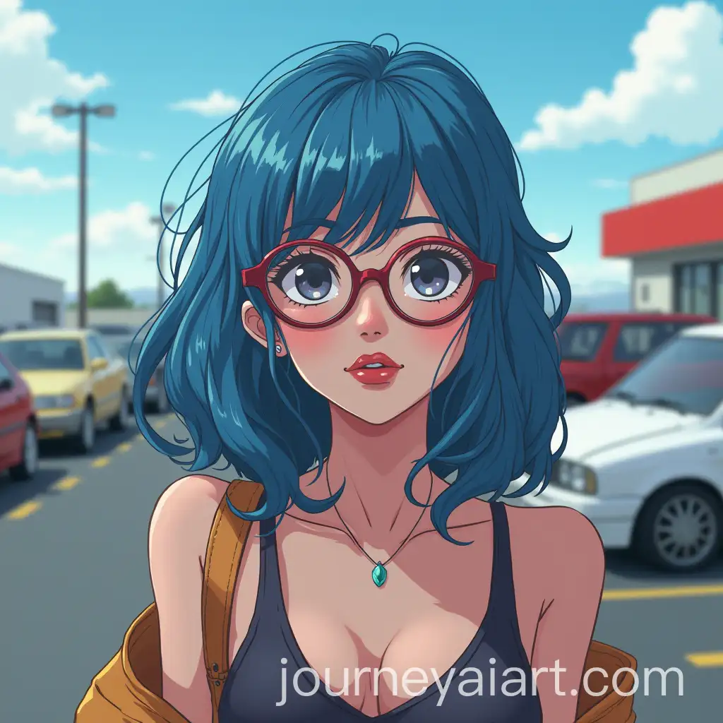 Nerdy-Woman-with-Blue-Hair-and-Glasses-in-80s-Anime-Style-Parking-Lot