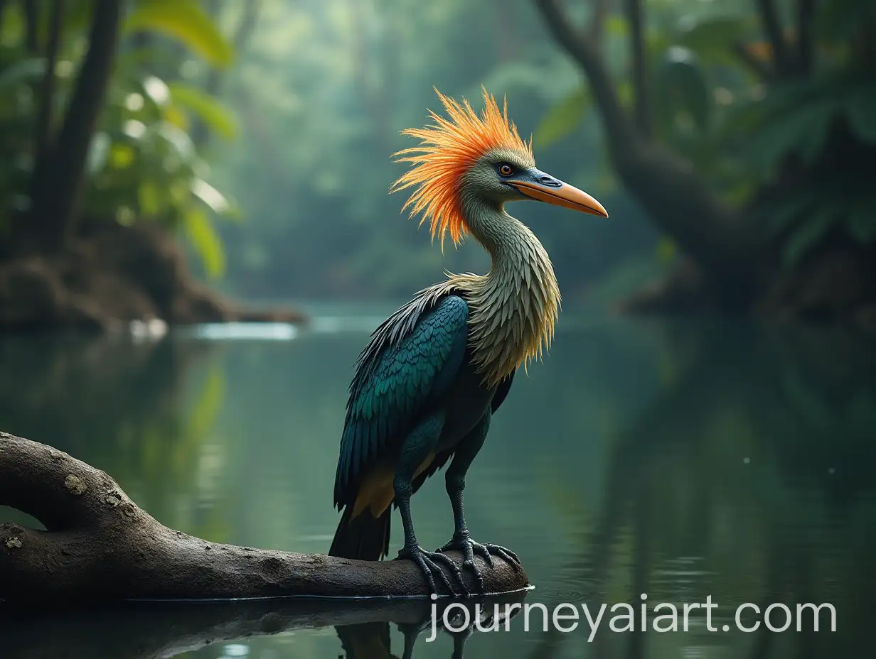Iridescent-Mythological-Bird-Perched-on-Lake-Log