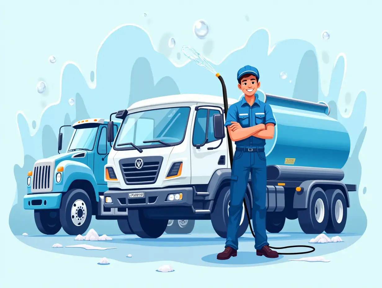 A vibrant and professional illustration of a mobile truck and plant washing service. The scene features a friendly worker in uniform with a pressure washer standing confidently next to a truck and heavy equipment being cleaned. Include soap bubbles, a clean truck with sparkling details, and heavy-duty machinery in the background. The color palette should be fresh and inviting, with a blue and white theme to emphasize cleanliness. Include subtle details like water spray and tools for washing.