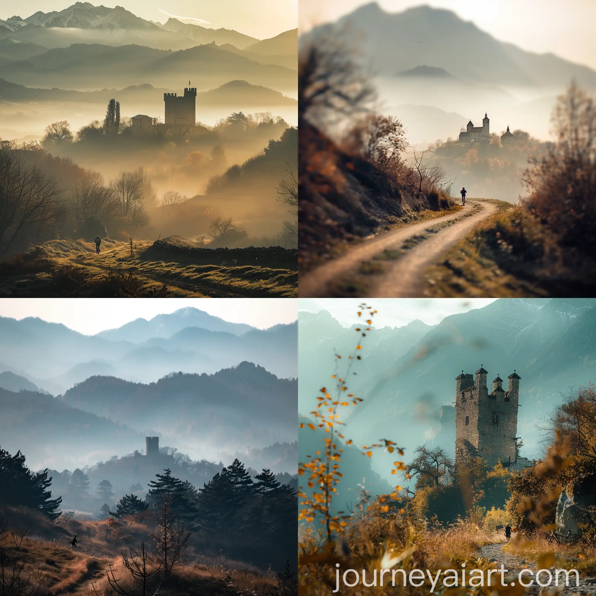 Scenic-Mountain-Landscape-with-Castle-Lookout-Tower-Jogger-and-Bicycle