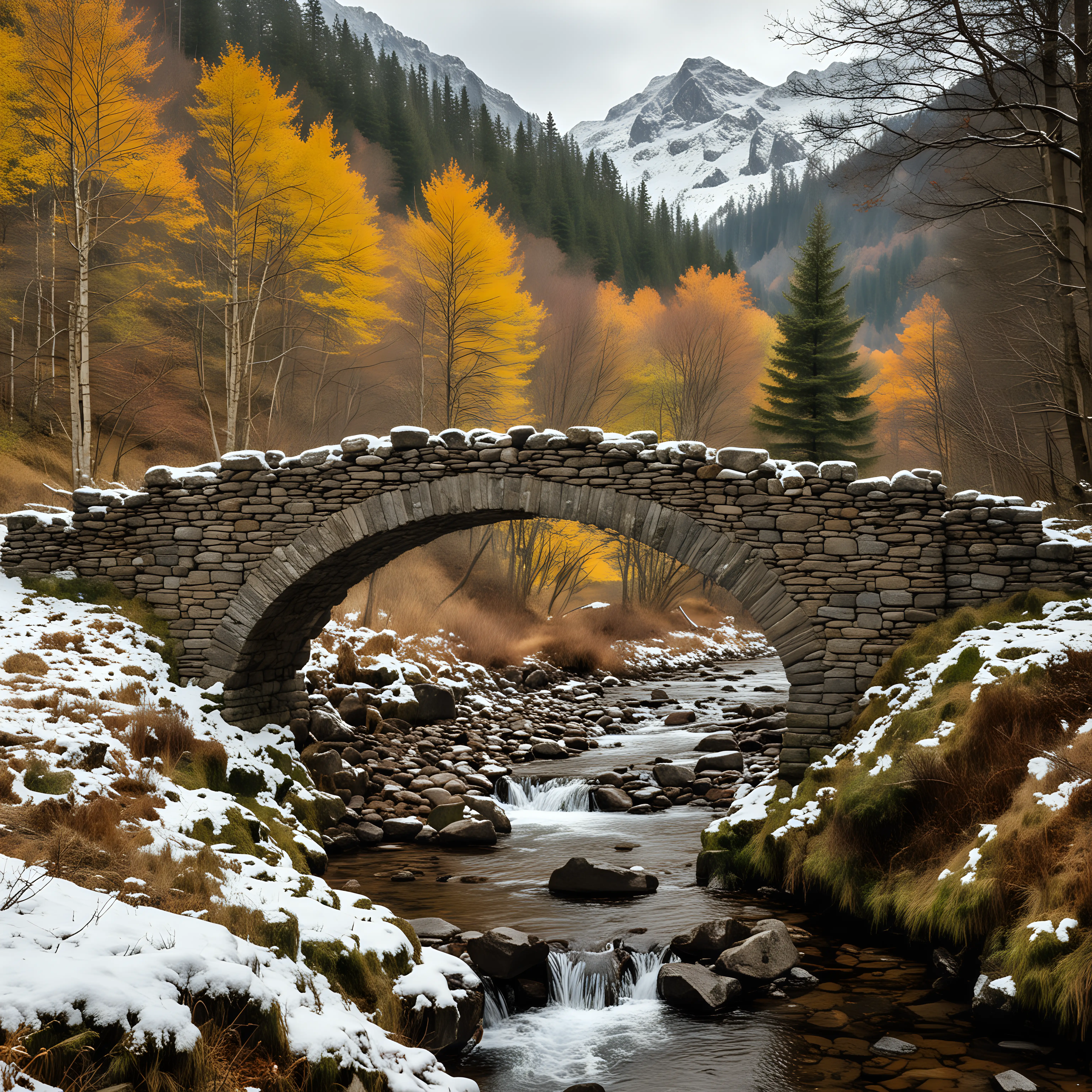 a stone arched bridge over a stream in an autumn forest with mountains in the background with snow