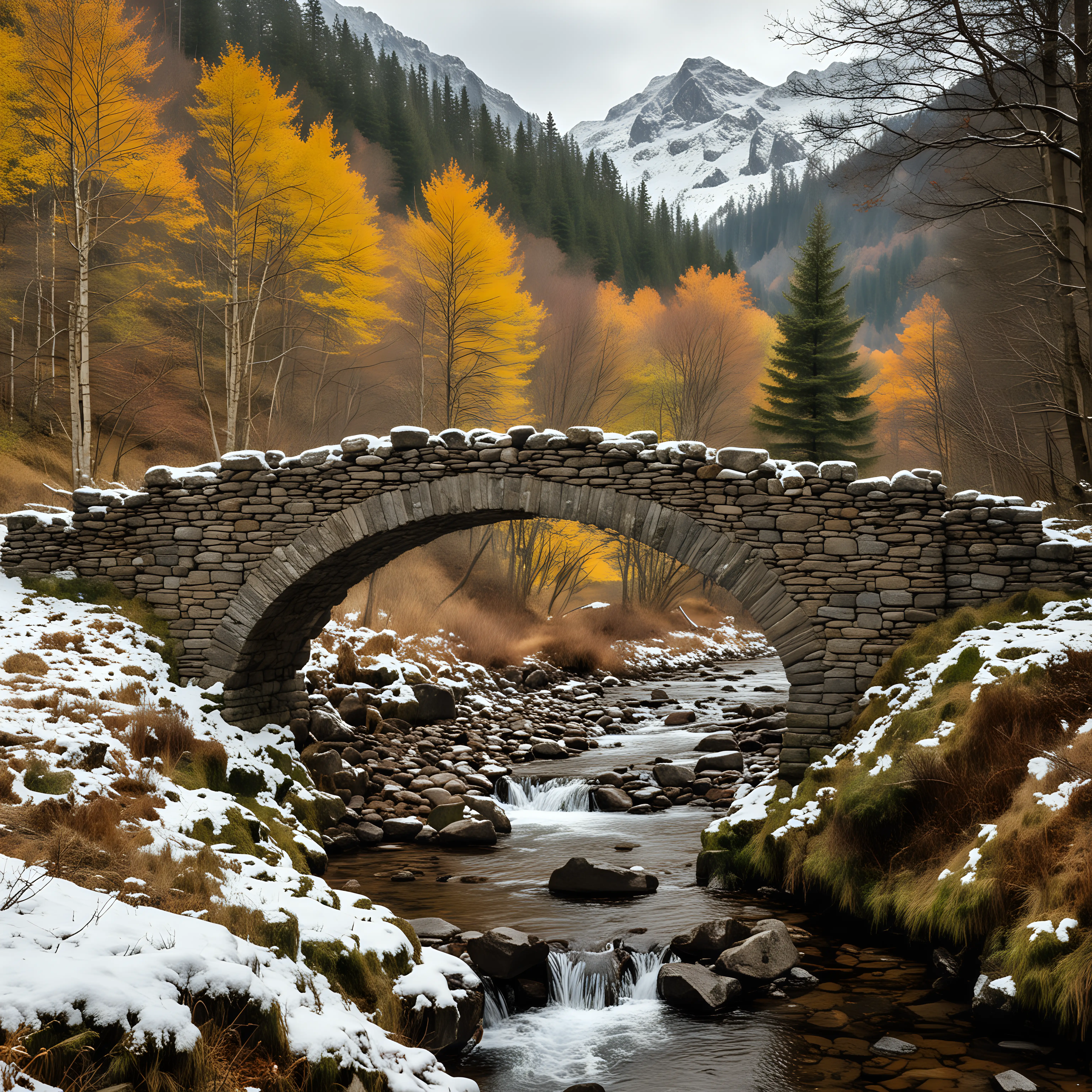 Stone-Arched-Bridge-Over-Stream-in-Autumn-Forest-with-Snowy-Mountains