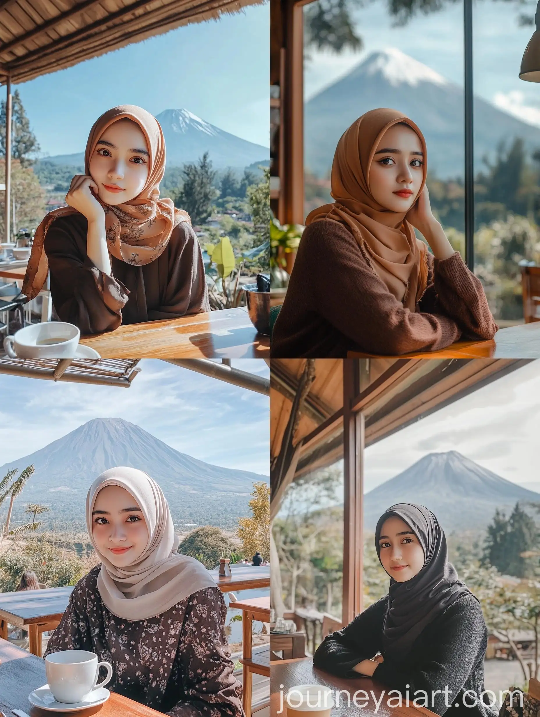 Pretty-Indonesian-Woman-in-Hijab-at-Coffee-Shop-with-Mount-Semeru-View