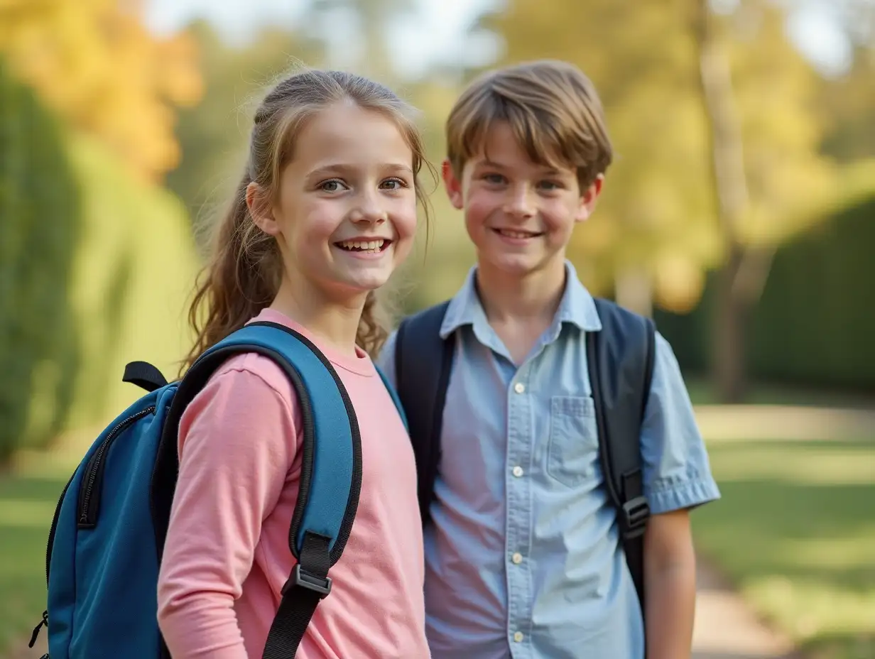 13 year old boy and girl with school bag