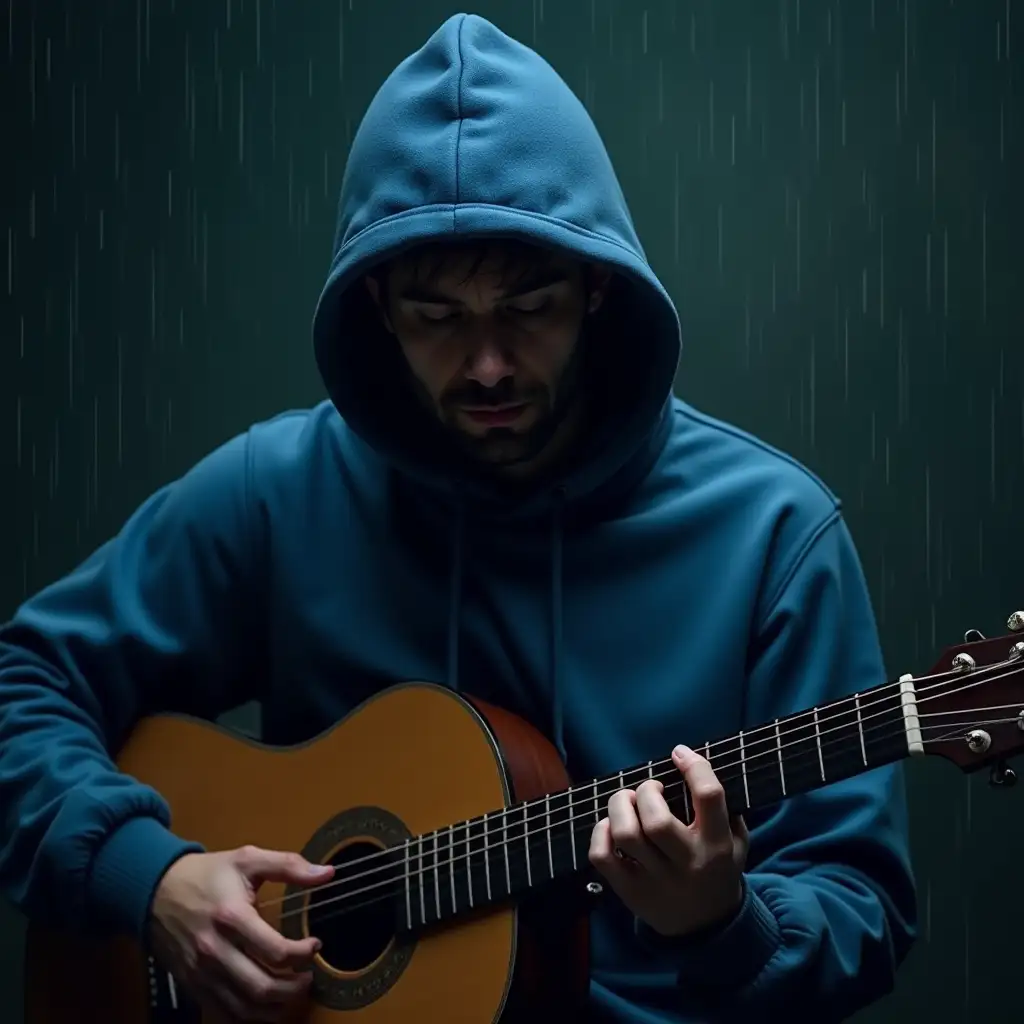 a sad guitarist with a blue hoodie and a downcast face, playing classical guitar, the color of the hoodie is blue, dark and rainy forest, the guitarist's face is not recognized