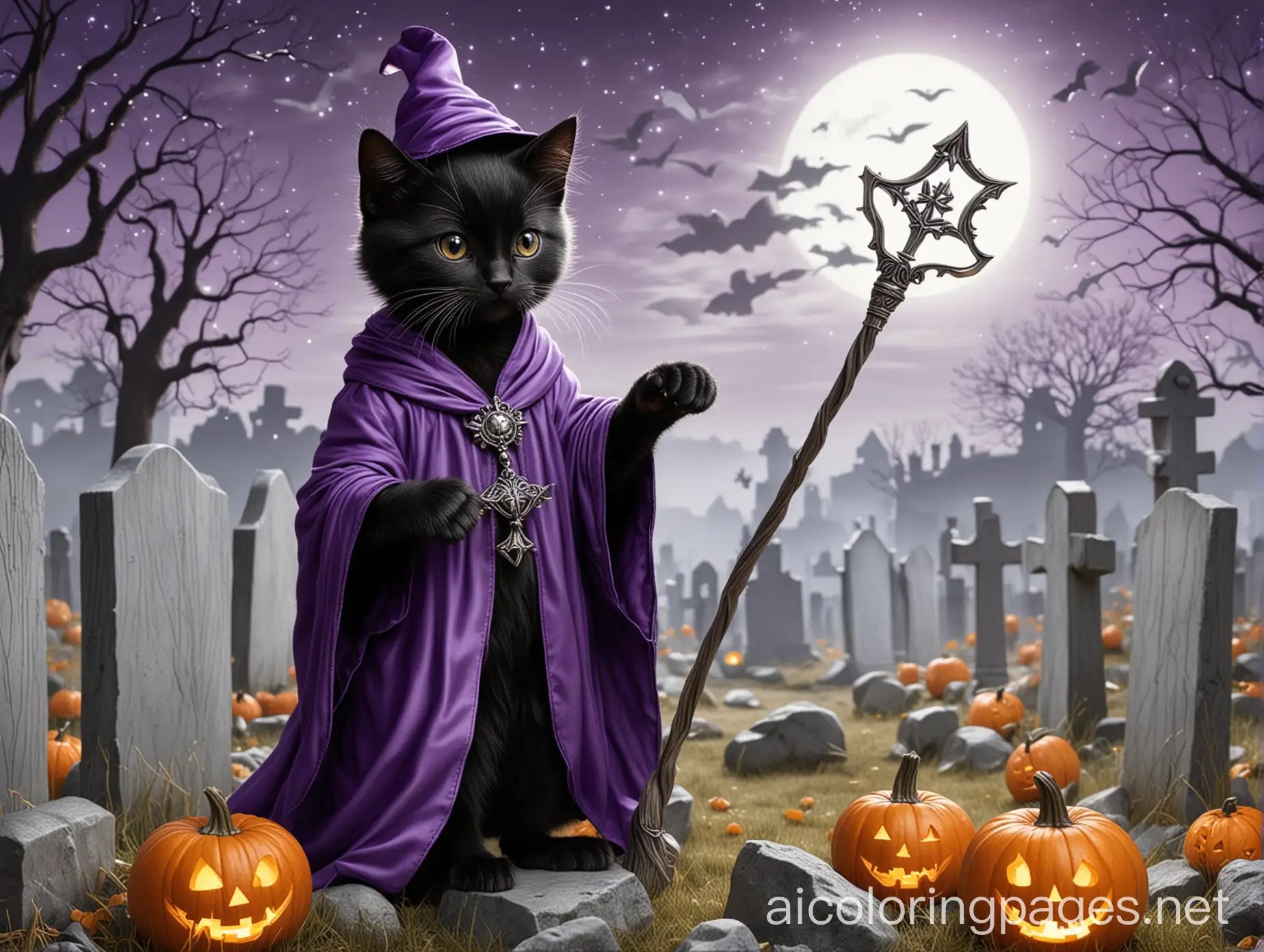 Black-Kitten-Wizard-in-Purple-Robes-with-Glowing-Wand-in-Graveyard