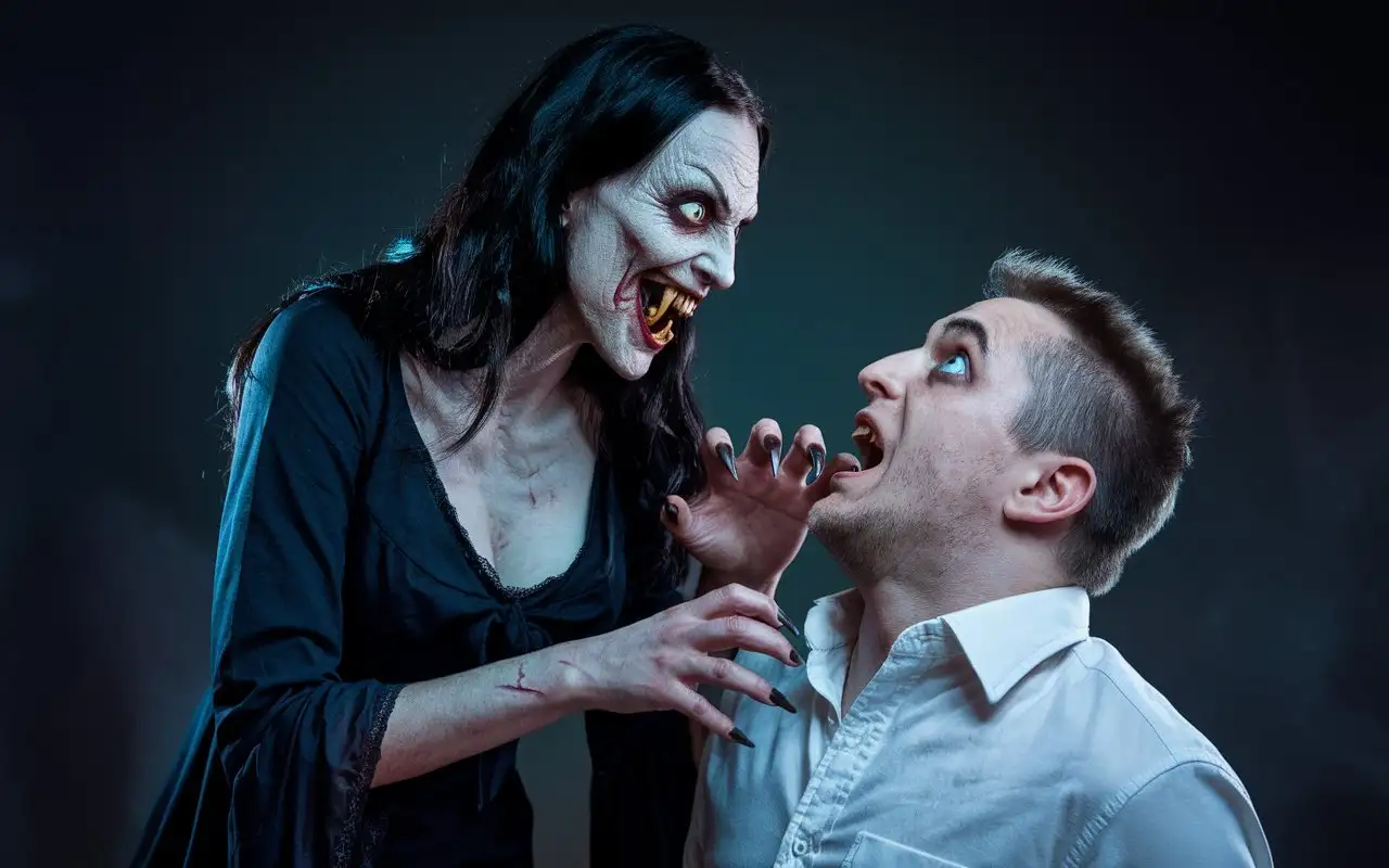 female  creepy monstrous vampire face to face with her victim, she is a man He grabs him by the shoulders with her claw-like fingernails and bares her fangs for the attack, which adds to the horror of the scene