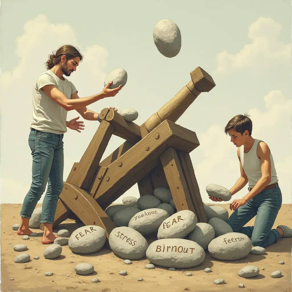 Create an image of people assembling a 'Catapult' with stones inscribed with fear, stress, burnout, loading the catapult with stones to launch them upwards.