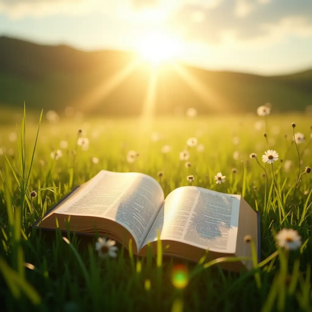 An open Bible rests on a lush green field, its pages gently spread, bathed in radiant, golden sun-rays pouring from a bright morning sky. The scene is peaceful and inviting, with tall grass and a few wildflowers swaying around the Bible, emphasizing the beauty of nature. The sunlight highlights the pages, casting a soft glow that enhances the Bible's text, making it appear divine and inspirational. The background features gentle hills in the distance, giving a sense of openness and tranquility. Overall, the image should feel sacred, peaceful, and deeply connected to nature.